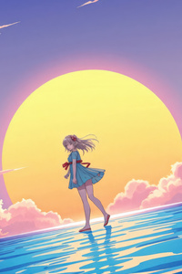 Girl Standing On Water With Giant Sun And Clouds (320x480) Resolution Wallpaper