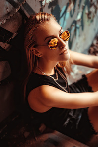 Girl Sunglasses Sitting At Stairs 4k (1125x2436) Resolution Wallpaper