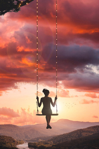 Girl Swinging On Top Of World (320x568) Resolution Wallpaper