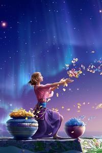Girl Throwing Magical Flowers 4k (320x480) Resolution Wallpaper