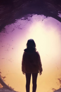Girl Walking Through Portal (640x960) Resolution Wallpaper