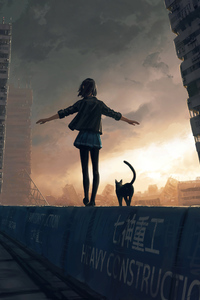 Girl Walking With Cat On Roof Wall 4k