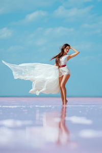 Girl White Dress Brunette Salt Lakes (640x1136) Resolution Wallpaper