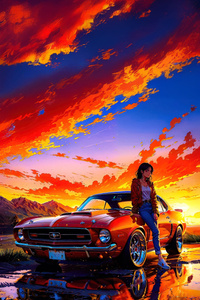 Girl With Classic Vintage Muscle Car (1280x2120) Resolution Wallpaper