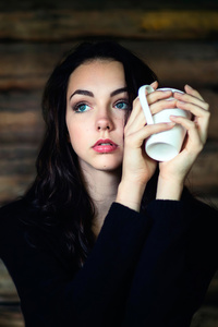 Girl With Cup Of Coffee 4k (1080x2280) Resolution Wallpaper