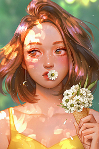 Girl With Daisy Flowers (1080x2280) Resolution Wallpaper