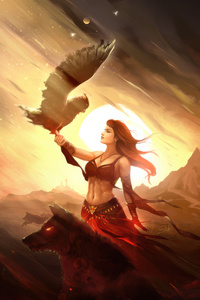 Girl With Ember Wolf And Sky Sentinel (640x1136) Resolution Wallpaper