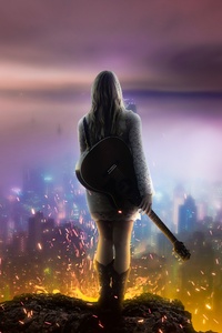 Girl With Guitar Watching City From Top