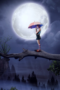 Girl With Umbrella Big Moon Digital Art 5k