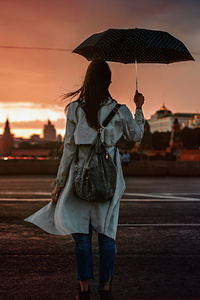 Girl With Umbrella Crossing Street 4k (480x800) Resolution Wallpaper