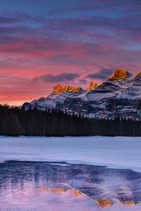 Golden Sunrise At Two Jack Lake With Alpenglow (2160x3840) Resolution Wallpaper