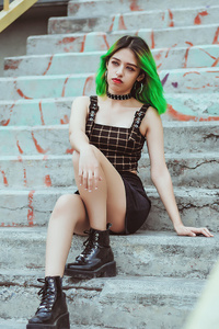 Green Hair Girl Sitting On Stairs 4k