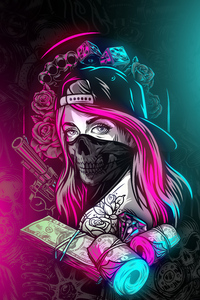 Guns And Cash Girl With Mask Artistic Art (640x960) Resolution Wallpaper