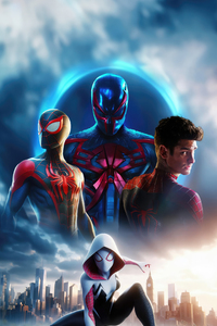 Gwen Stacy Miles Morales And Spider Man 2099 Collide (1440x2560) Resolution Wallpaper