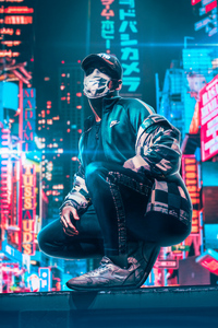 Hat Face Covered Mask Neon City 4k (1080x2160) Resolution Wallpaper
