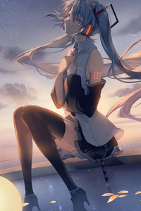 Hatsune Miku Anime Girl Headphones Looking Away Sunset