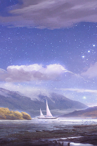 Hevenia Boat Sky Mountains 4k (320x568) Resolution Wallpaper