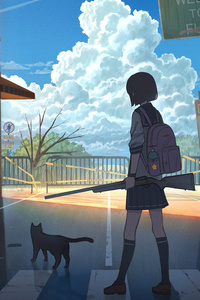 High School Anime Girl With Gun 5k (640x1136) Resolution Wallpaper