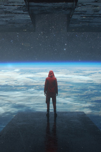 1440x2960 Hoodie Boy Standing In Space Scape 5k