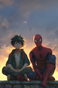 Izuku Midoriya And Spider Man Together At Sunset (640x960) Resolution Wallpaper