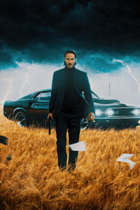 John Wick With His Ford Mustang (1280x2120) Resolution Wallpaper