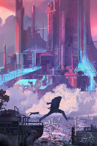 Jumping Through Cyber City 4k (320x480) Resolution Wallpaper