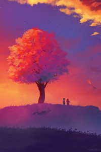 Kite Colorful Painting Sunset Tree (640x960) Resolution Wallpaper