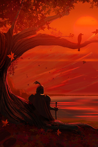 Knight Fall Evening Resting Under Tree (640x1136) Resolution Wallpaper