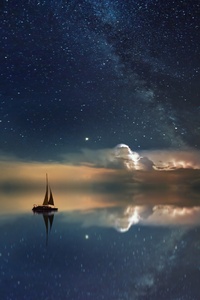 320x568 Lake Mirror Reflection Stars Boat Milky Way 5k