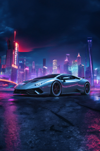 Lamborghini In The Cyber Metropolis (2160x3840) Resolution Wallpaper