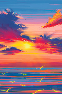 Landscape Morning Sea Water Painting (1080x2160) Resolution Wallpaper