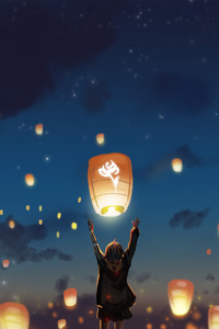 Lantern Night Clouds Lights Anime Stars (320x568) Resolution Wallpaper