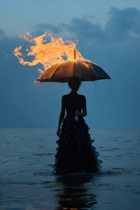 Life Girl Standing Under The Burning Umbrella (2160x3840) Resolution Wallpaper