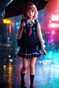 Little Girl With Umbrella Rain Coming Back From School (640x960) Resolution Wallpaper