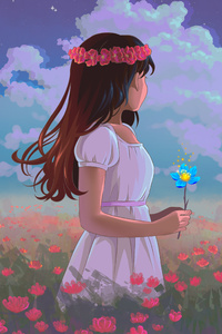 Lofi Girl In Spring Field 5k (640x960) Resolution Wallpaper