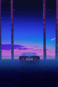 Lone Car In Synthwave Woods (750x1334) Resolution Wallpaper