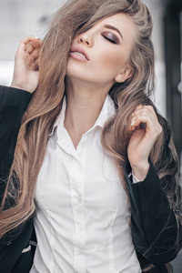 Long Hair Girl Closed Eyes Wearing Coat (1280x2120) Resolution Wallpaper