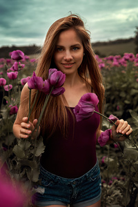 640x1136 Long Hair Women Outdoor In Flower Field 4k