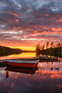 Majestic Lake Sunset Scene Boat Reflection (480x854) Resolution Wallpaper