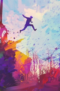 Man Jumping Roof Abstract Illustration Painting 5k