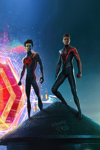 Miles And Peter Parker Spiderman Across The Spiderverse 2023 (240x400) Resolution Wallpaper