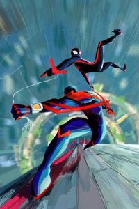 Miles Morales And Spider Man 2099 Takes Flight (2160x3840) Resolution Wallpaper