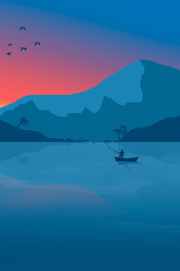 640x1136 Minimalist Beach Boat Mountains Sunset Birds 8k