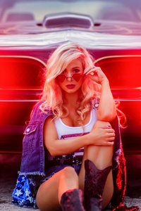Model Sitting In Front Of The Car (480x800) Resolution Wallpaper