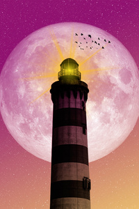 Moon Lighthouse Birds Pink Yellow Sky (320x480) Resolution Wallpaper