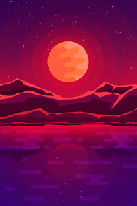 Moon Rays Red Space Sky Abstract Mountains