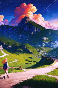 Mountain Anime Girl Hiking Journey Through Alpine Valley (1440x2560) Resolution Wallpaper