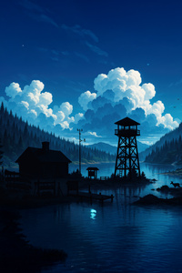 Mountain Lake Watchtower (1080x2400) Resolution Wallpaper