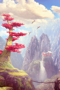 Mountain Tree Temple Fantasy Art