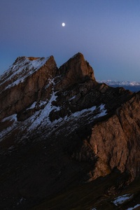 Mountains Range With A Moon In The Sky (1080x2160) Resolution Wallpaper